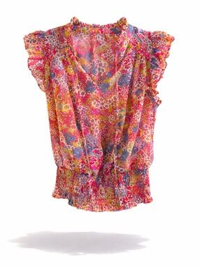 Joie Pink Floral Sheer Ruffle Sleeve Blouse - Smocked Waist - Size XS/TP